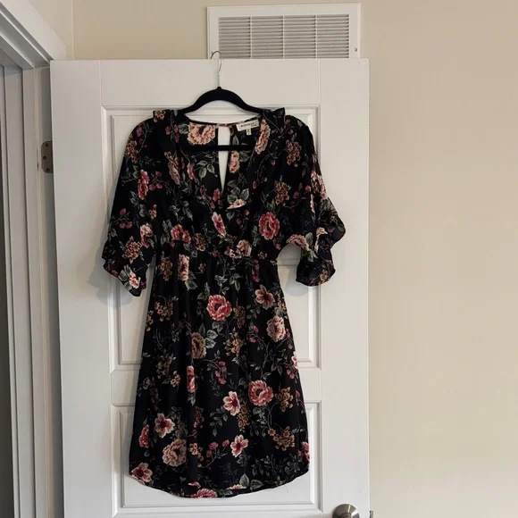 Monteau Black Floral Mini Dress with Pink & Green Blooms - Picture 1 of 2